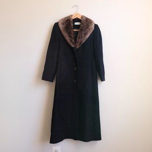 Vintage Calvin Klein long black wool coat with brown faux fur size XS